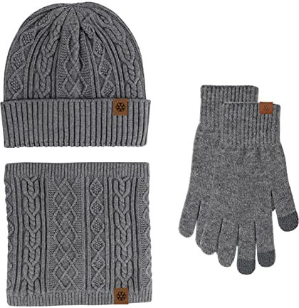 Mutze Schal Set Damen GrüN, Damen Winter Warm Beanie Mütze Bommelmütze Touchscreen Handschuhe und Lange Schal Set mit Fleece Gefütterte