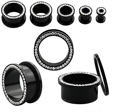 4-25 mm Ohr Piercing Flesh Tunnel Kristalle Reihe Acryl Schwarz Glitzer Plug 12 mm