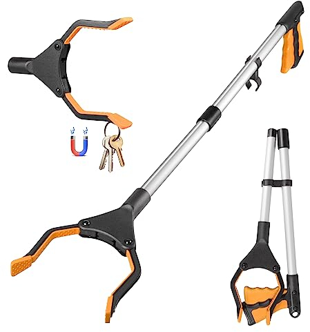 YAUNGEL 81cm Pinza Raccogli Oggetti, Pinza telescopica Pieghevole, Bastone a Braccio con Punta Magnetica a Forte Presa, Portatile Pinza raccogli rifiuti Pinza Morsetto in Gomma (Arancio Argento)
