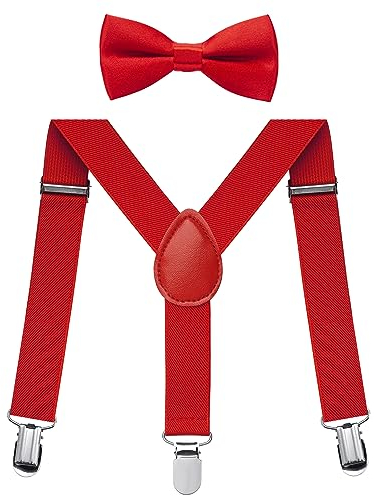 Jungen Hosenträger Fliegen Set, Kinder-Hosenträger mit elastischer Y-Form, verstellbar mit Clips und Fliege für Jungen und Mädchen (Rot)