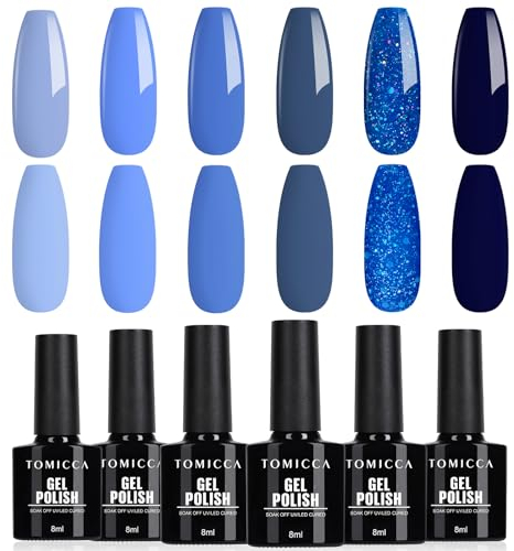 TOMICCA UV Nagellack Blau Glitter Set, 6 Farben Herbst Glitter Gel Nagellack Soak Off UV/LED Geschenk Nicht Giftig und Langlebig Für Starter Nail Art Salon DIY Home, 8ml