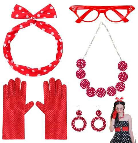 shallyong 50er Jahre Accessoires Damen 4 Pcs, 50er Jahre Outfit Damen mit Rotem Hijab, Handschuhe, Halskette, Ohrringe, Brille Für Damen (50er Jahre)