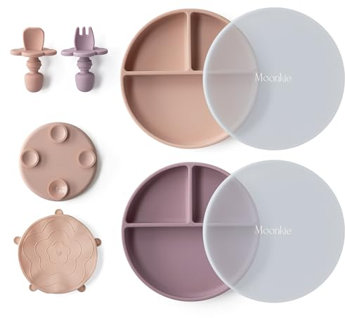 Moonkie Platos de Silicona para Bebé, 2 Piezas Antivuelco Con Tenedor y Cuchara, Ventosa, Sin BPA, Apto para Lavavajillas, Refrigeradores y Microondas (Blush/Malva)