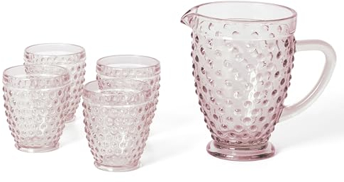 Martha Stewart Chauncey Handgefertigter Hobnail-Krug und Glaswaren-Set, Pink, 5-teilig