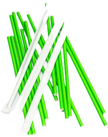 Cocti Paper Drinking Straws – 100% Biodegradable Paper Drinking Straws, Durable, Without Wierd Paper Taste, Suitable for Cold Drinks – 200mm x 6mm, Individually Wrapped Green 200pcs.