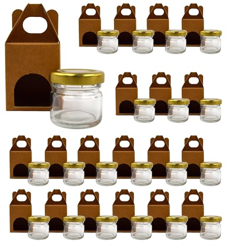 Espirito Rebelde 20 Pots en Verre Vides 30ml avec Couvercle + 20 Boîtes en Carton pour 1 Pot de Confiture | Inclut un Couvercle à Vis Doré | Confitures, Conserves, Miel | Cadeaux de Mariage