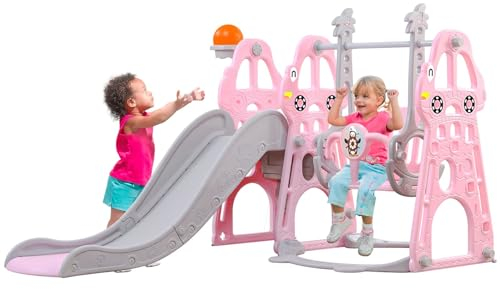 Arkyomi 3 en 1 Toboggan Interieur/Exterieur Enfant avec balancoire et Panier de Basket,Parcours motricité bébé Escalade Cadeau Enfant 1+ an(Rose)