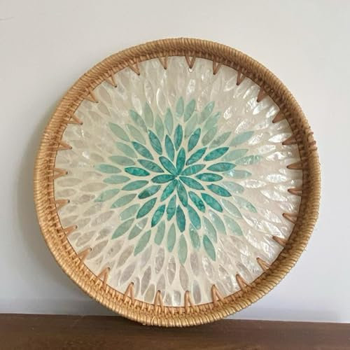 Fonzci Rattan Woven Serving Tray, Fruit & Dessert Snack Plate, Round, Lake Blue