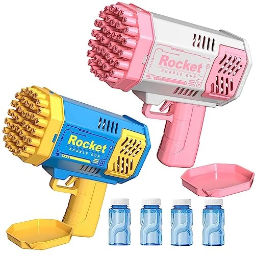Bubble Gun Age 4+ for Kids, 2 Pack 40 Holes Bazooka Bubble Gun with 4 Bottles of Bubble Solution, Bubble Blaster Toy 5000+ Bubbles Per Min Bubble Maker Outdoor Toys for Girls Party