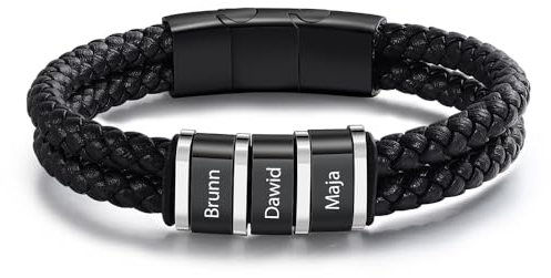 Bracelet Cuir Homme Personnalisé Nom - Noir Argent Bracelet en acier inoxydable - Cadeau pour Papa Fête des Pères Mari Saint Valentin Ami Noël (3 name)