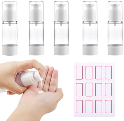 Kiuiom Leer Airless Pumpspender,Creme Pumpeflaschen,Reise Spenderflasche 5PC Vakuum Cremespender 30ml mit Etikette Leer Lotion Pumpflasche für Lotion Parfüm Ätherisches Öl Foundation Flüssiger Toner
