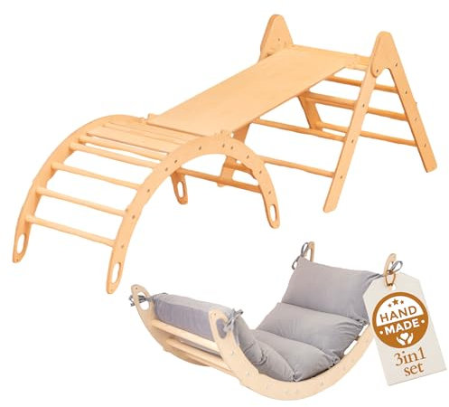 WoodsCraft 3in1 Set: Kletterdreieck mit Rutsche Indoor/Klettern Rampe & Kletterbogen mit Kissen | Holz Montessori Klettergerüst Indoor Spielgeräte & Spielplatz | Klettern Kinder Indoor & Klettern Baby