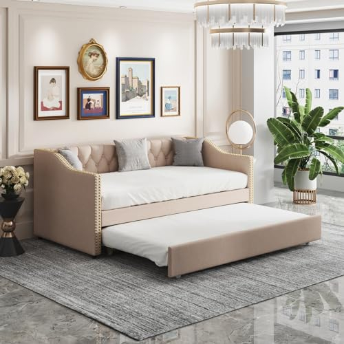 Skcess Polsterbett Kinderbett 90X200, Ausziehbares Schlafsofa Beige Strapazierfähiger Leinenstoff Jugendbett Kinderbett Gästebett