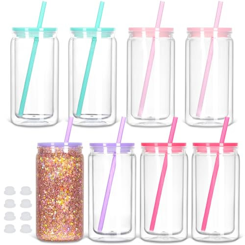 Tswofia 8 Pack Snow Globe Tumbler, 16 Oz Double Wall Plastic Can With Lid and Straw, Mason Jar Mug for DIY Glitter Gift (Mixed Colors)