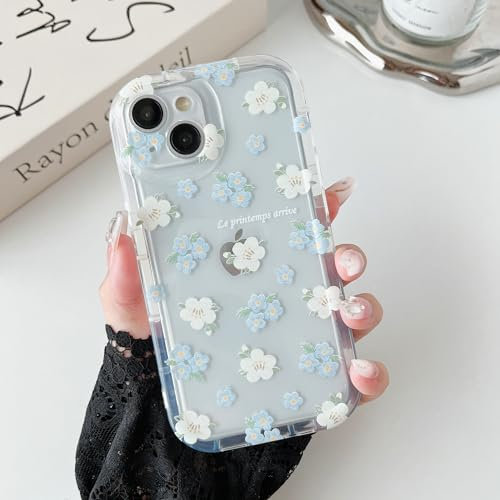 RALEAVO Floral Case for iPhone 15, Cute Clear Flower Aesthetic Phone Case for Girls Women, Silicone Shockproof TPU Protective Bumper Cover for iPhone 15 6.1 inch-Blue