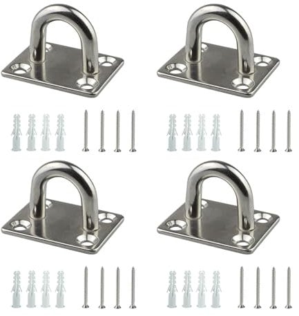 4 Sets Heavy Duty Pad Eye Plate M5 Stable Ring Hook with Screws Stainless Steel U-Shaped Wall/Ceiling Mount Hook Tie Rings for Horses Yoga Training Swings Hammock Hanging