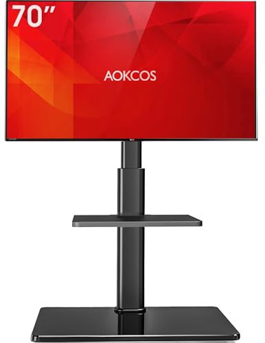 AOKCOS Supporto TV da Pavimento Inclinabile per 32-55 65 70 Pollici, Girevole & Altezza Regolazione Mobile Porta TV da Terra con Mensola, Max VESA 400x400mm 40kg