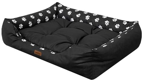 Hundebett Hundesofa - XXL: 125 x 98 x 25 cm - Schwarz + Hundepfotenmuster, Hundekissen mit erhöhte Ränder für kleine, mittelgroße und große Hunde Hundekörbchen Kuscheliges Hundedecke Hundeliege