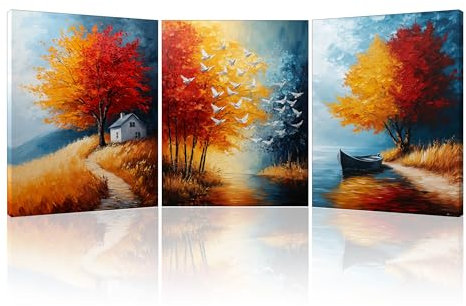 Piy Painting tableau decoration murale, Toile Rouge Jaune, Tableau Mural Arbres Avec Cadre En Bois,Pour Séjour Chambre à Coucher Hall d'Entrée Café, 3x 30x40cm (90x40 Cm)