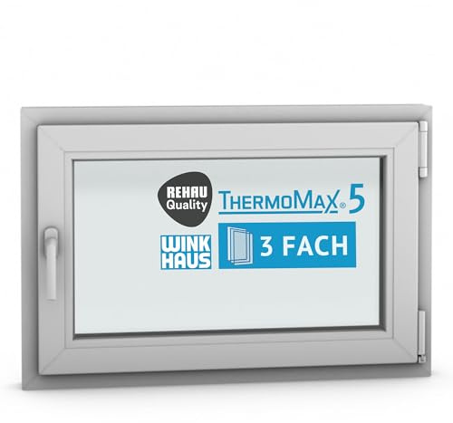 ThermoMax 5 Classic Kunststoff-Fenster, Uw-Wert 1,2, BxH: 90x60cm / 900x600mm, DIN rechts (Griff links), mit 3-fach Wärme-Isolier-Verglasung, Winkhaus Sicherheitssystem & Rehau Profil