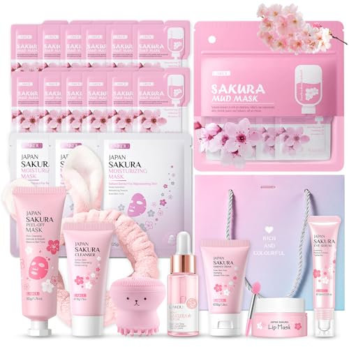 Sakura Sakura Gesichtspflege Set Feuchtigkeit Hautpflege Sets-Serum, Gesichtscreme, Reiniger, Augenserum, Mask, Schlammmaske, Geschenke Set für Gesicht Reinigung & Pflege Skincare Set, 11-tlg