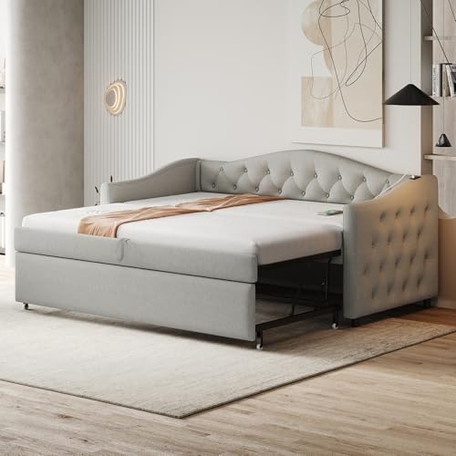 Idemon Polsterbett Ausziehbares Schlafsofa, 90 * 200 cm, Mit USB-Anschluss, Klassische Form mit Knöpfen mit Lattenrost, Multifunktionsbett - Gästebett, Leinenstoff, (Matratze Nicht enthalten) (Grau)