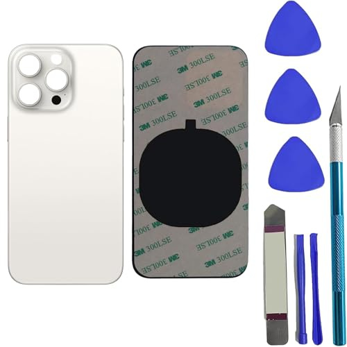 Peixiong 15 Pro Rückglas Ersatz für iPhone 15 Pro Rear Back Glass Cover Ersatz mit vorinstalliertem Kleber + Reparaturwerkzeug-Kit (Weißes Titan)
