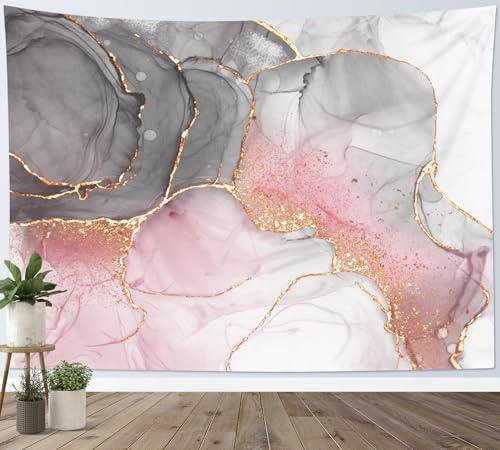 LB Wandteppich Rosa und grauer Marmor Wandtuch Abstrakt Modern Geometrisch Wandbehang Gold Gestreift Luxus Texturiert Tapisserie für Wohnzimmer Schlafzimmer Wohnheim Wanddeko,150x130cm