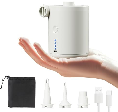QPAU Elektrische Luftpumpe, 5000mAh Wiederaufladbare Akku Luftpumpe, Quick-Fill Inflator Deflator Luftpumpe Elektrisch mit 3 Luftdüsen für Camping Isomatte, Luftmatratze, Schlauchboot