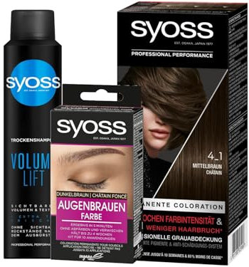 SYOSS Color Coloration 4_1 Mittelbraun Stufe 3 (1x 115 ml) bis zu 10 Wochen Farbintensität & Augenbrauen Kit Augenbrauenfarbe Dunkelbraun Stufe 3 (17 ml) & Trocken-Shampoo Volume Lift (200 ml)