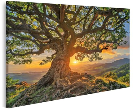 islandburner Bild auf Leinwand Sonnenuntergang hinter dem alten Baum (2) für Wohnzimmer Naturliebhaber Massage Bilder Wandbilder Poster