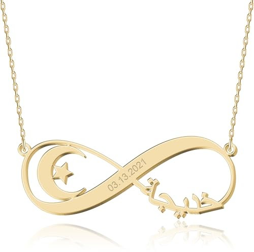 UMAGICBOX Personalized Arabic Name Necklace with Crescent Moon, Stars & Infinity Symbol | Custom Engraved 925 Silver/Stainless Steel Jewelry | Unique Celestial Gift for Women