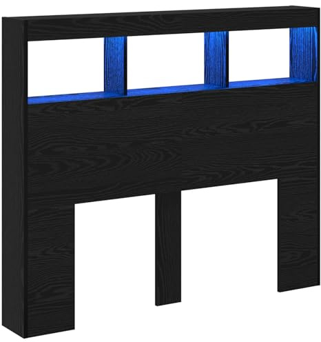 vidaXL Kopfteil aus schwarzer Eiche mit LED-Streifen Modernes Design Einfache Montage Strukturiert 120 x 17 x 102 cm Massivholz Schlafzimmermöbel Zeitgenössisches Bettkopfteil