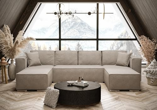 AXLIVING U-Form Ecksofa mit Schlaffunktion Beige Vinoria 327 cm