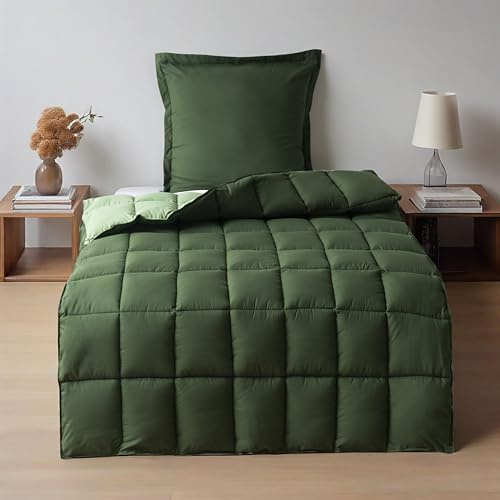 HIG Bettdecke 135x200 cm + 1 Kissenbezug 80x80cm – Oeko-TEX zertifizierte grüne Steppdecke, kastenförmig genäht – 1300g Daunenalternative (250GSM) weich & flauschig