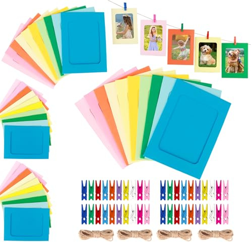 40 Stück Papier Fotorahmen - Bilderrahmen Bunt 15.5*11.5cm - 10 Farben | mit Holzklammern Klein & Hanfseil Kreativer Papier-Bilderrahmen, Bilderrahmen Pappe für Zuhause Schule Büro Wand Dekoration