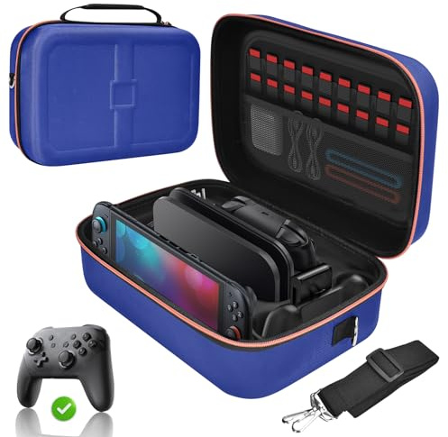 Gorixer Switch 2 All In One Tasche Kompatibel mit Nintendo Switch 1 or 2(2025), Deluxe Harte Tasche, Schützende Tragetasche Speichert 18 Spiele für Original&Lite&OLED&Konsole&Pro Controller (Blau)