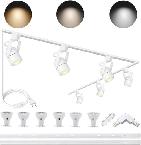 Bravsekai Dimmbares LED-Beleuchtungsset in Weiß, GU10-Schienenkopf 10 W 3CCT mit 2 x 1 m H-Schiene, verstellbarer Deckenstrahler 3000 K/4000 K/6000 K mit 6 austauschbaren GU10-Glühbirnen