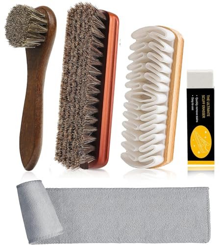 5 Stück Premium Schuhbürsten-Set, Wildlederbürste für Schuhputzpolitur, mit 1x Gummibürste, 2X Rosshaarbürste,1 x Reinigungstuch, 1 Sneaker-Reiniger für Leder Wildleder Schuhe Stiefel Taschen&Auto