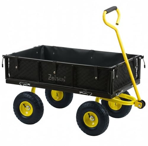 Zelsius Bollerwagen | 350 kg Tragkraft, 75 Liter | Schwarz/Gelb | Gartenkarre, Gartenwagen, Gartenkipper | Handwagen Luftbereift, Transportwagen Klappbar, Handwagen, Handkarren für Gartenarbeit