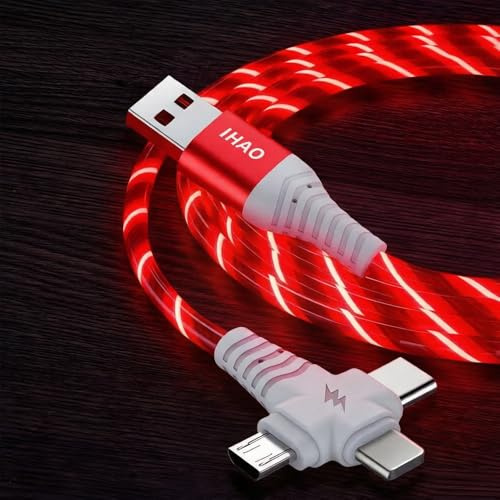 IHAO Cavo USB luminoso multiporta USBA a USBC/MicroUSB, cavo di ricarica veloce durevole con flusso di corrente visibile come luce notturna, 3 in 1, rosso