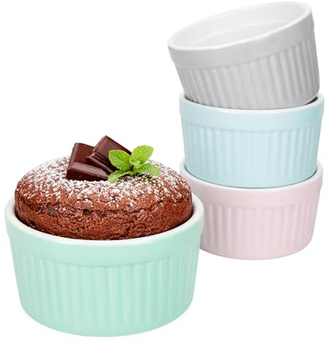MamboCat Emilia 4er Set Soufflé Förmchen I 125ml, Ø8,8cm I je 1x rosa, türkis-blau, hellblau & grau I Porzellan Mini Backformen rund I für Crème Brûlée, Cupcakes, kleine Aufläufe & Dessert