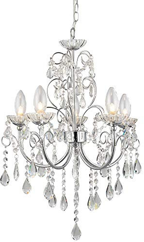 Hanging Bathroom Ceiling Pendant Light IP44 | Chrome & Crystal Glass Shade Lamp | 5X G9 Bulb Holder Fitting | Luxury Modern Chandelier & Rose Kit | Shower Splash Proof Multi Lighting