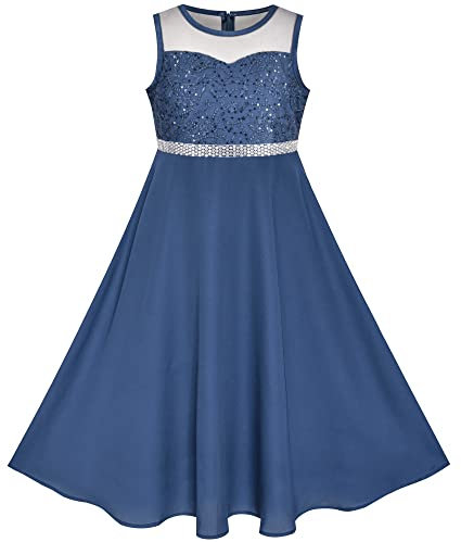 Sunny Fashion Robe Fille Classique Bleu Mousseline de Soie Demoiselle d'honneur Maxi Balle Robe 7 Ans