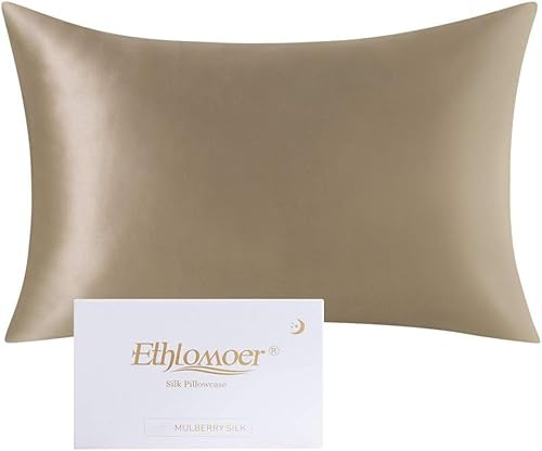 Ethlomoer Kissenbezug aus natürlicher Reiner Seide für Haar und Haut, beidseitig 19 Momme, 600 Fadenzahl, Design mit verstecktem Reißverschluss, 1 Stück 50x75cm Taupe