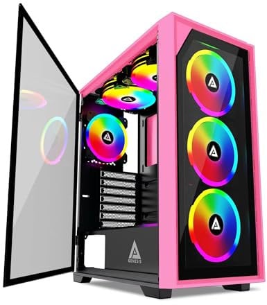 Apevia Genesis Pro G-PRO-PK Mid Tower Gaming PC Case w/ 6X 120mm ARGB Fans, 366 RGB Light Modes, 1x Glass Front Panel, 1x Door Swivel Style Magnetic Glass Side Panel, 2X USB 3.0, Pink