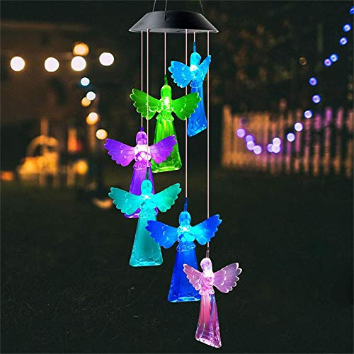 Windspiele für Draußen Hängend,Solar Wind Glockenspiel Lichter, Farbwechsel LED Gartenlampe, wasserdichte Engel LED Licht tragbare Outdoor-Glockenspiel für Garten Hof Patio Home Frauen Geschenke