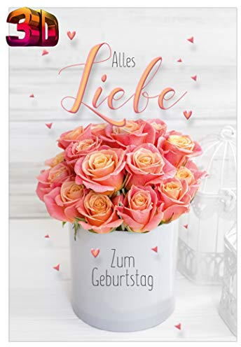 KE - 3D Effekt Geburtstagskarte, Lustige Klappkarte mit Rosen Motiv, Inklusive Umschlag, DIN B6 Format Glückwunschkarte