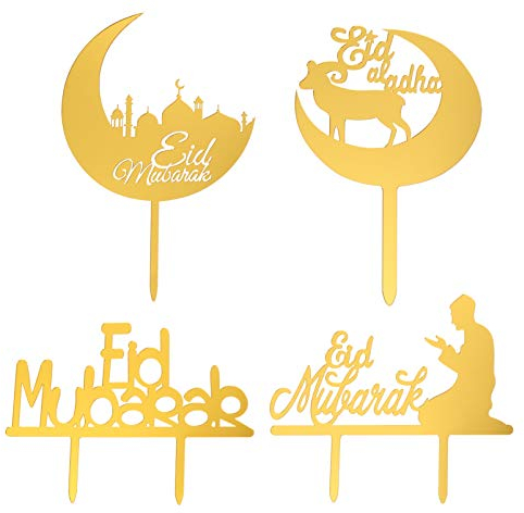 Amosfun 4 Stücke Ramadan Cake Topper Gold Acryl Kuchen Topper Cupcake Picks Party Kuchendeko Kuchendeckel Topper für Eid Mubarak Dekoration Ornamente Muslimische Deko Muslim Islam Geschenke