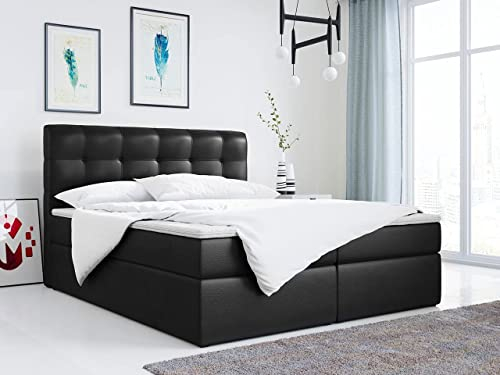 MKS MEBLE Boxspringbett 160x200 mit Matratze, Bett mit Multipocket - Matratze H3 und Topper, Polsterbett 160x200 mit Bettkasten und Kopfteil, ERNI - Schwarz Kunstleder
